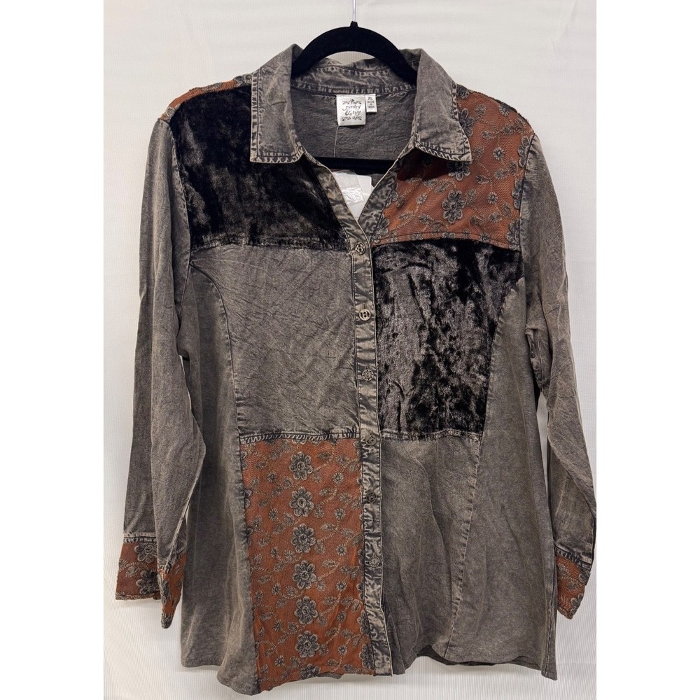 Parsley & Sage Women's Patchwork Boho Button‎ Front Shirt XL Velvet Artsy